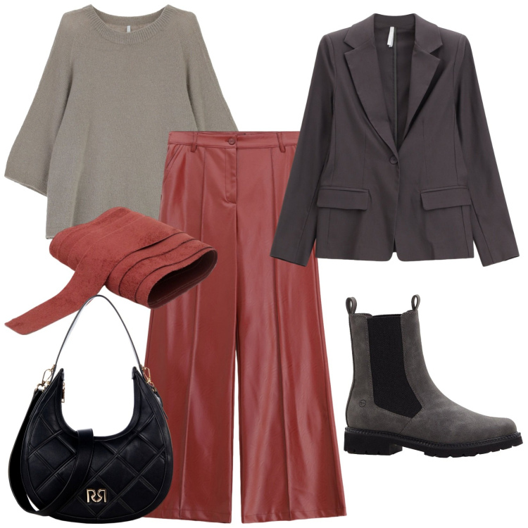 Outfit donna - Arancio mattone. Stile Trendy per Tutti i giorni. Abbinamento con stivaletti chelsea, pantaloni, borse a tracolla, cinture, blazer, maglieria.