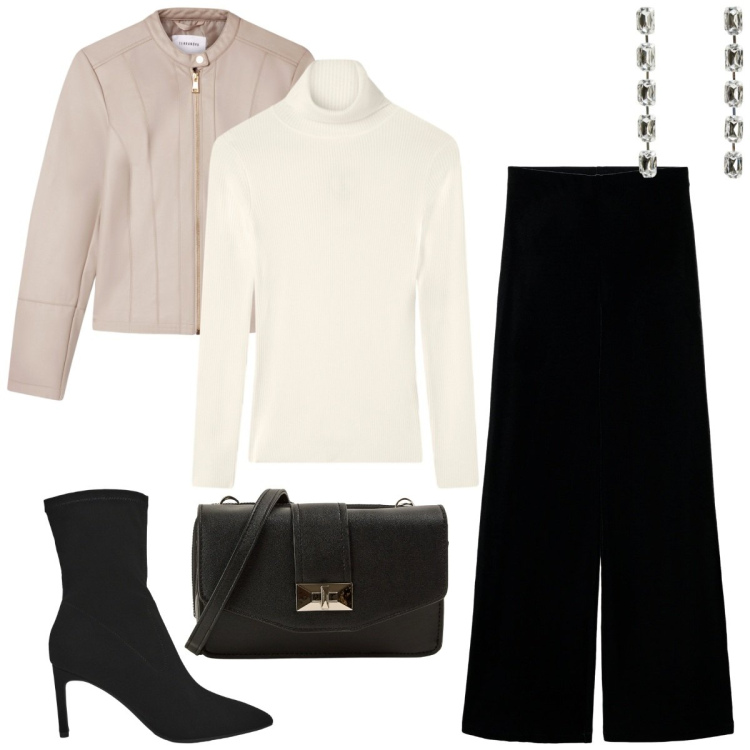Outfit donna - Terranova-Mid Season Sale-ufficio-serata. Stile Casual chic per Serata fuori. Abbinamento con pantaloni, giacche, maglieria, stivali, borse a tracolla, orecchini.