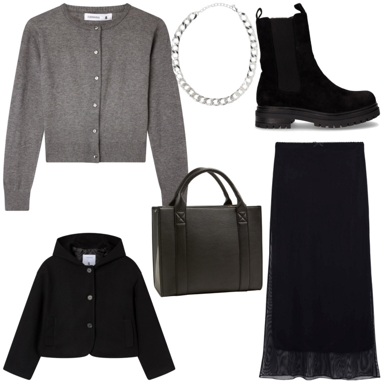 Outfit donna - Look perfetto in città. Stile Casual chic per Tutti i giorni. Abbinamento con gonne lunghe, borse tote, collane, cardigans, caban, stivaletti chelsea.