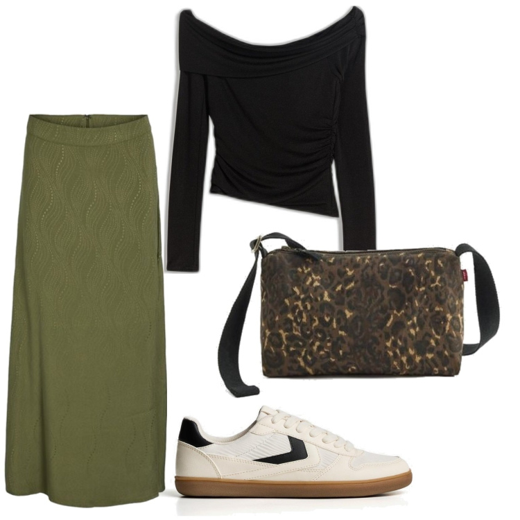 Outfit mujer - Urban look. Estilo Urban para Todos los días. Combinación con falda longuette, sneakers, top, bandoleras.