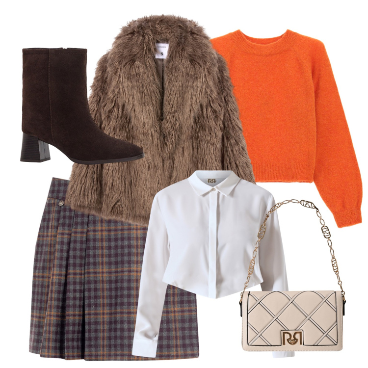 Outfit donna - Trendy collegiale. Stile Casual per Scuola/Università. Abbinamento con stivaletti, ecopellicce, minigonne, borse a tracolla, camicie, maglieria.