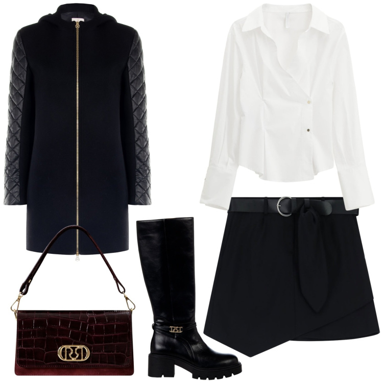 Outfit donna - Cena fuori. Stile Trendy per Serata fuori. Abbinamento con cappotti, stivali sopra il ginocchio, borse a mano, camicie, minigonne.