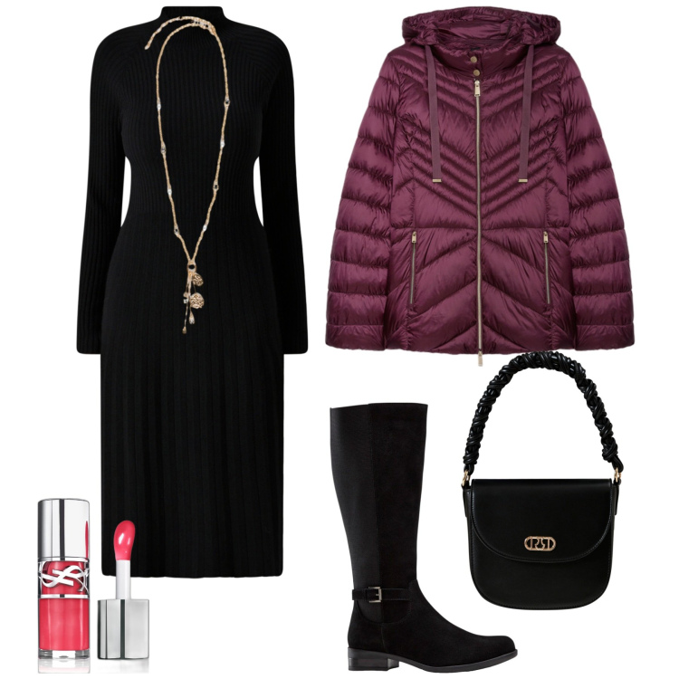 Outfit donna - Serata con gli amici. Stile Casual chic per Serata fuori. Abbinamento con stivali, gloss, vestiti midi/longuette, borse a mano, piumini, ciondoli.