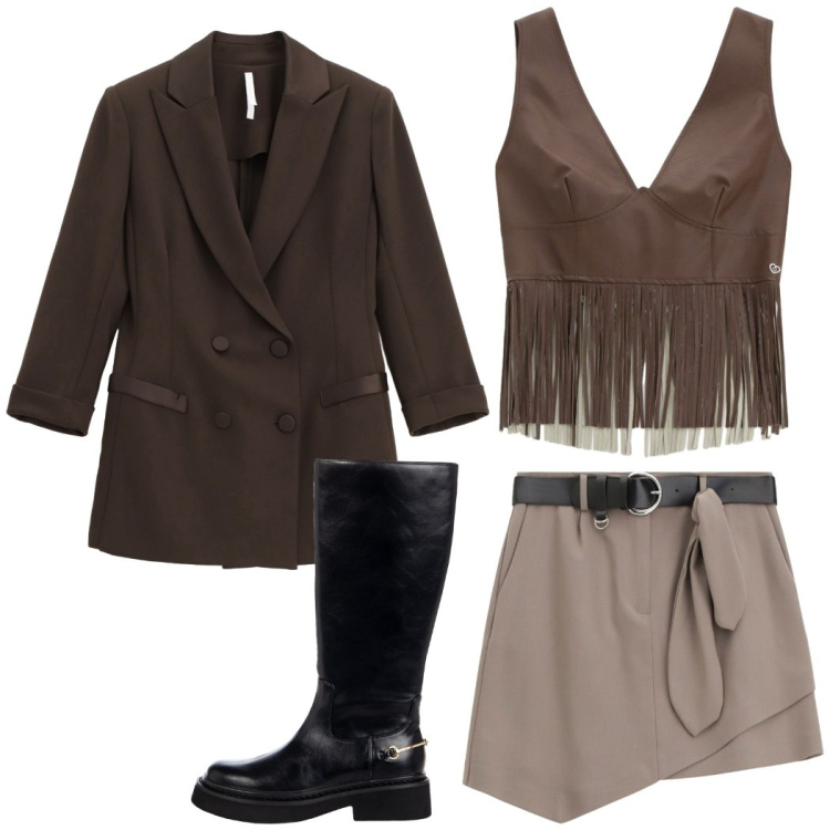 Outfit donna - Total look #2266968. Stile Trendy per Serata fuori. Abbinamento con top, stivali sopra il ginocchio, minigonne, blazer.