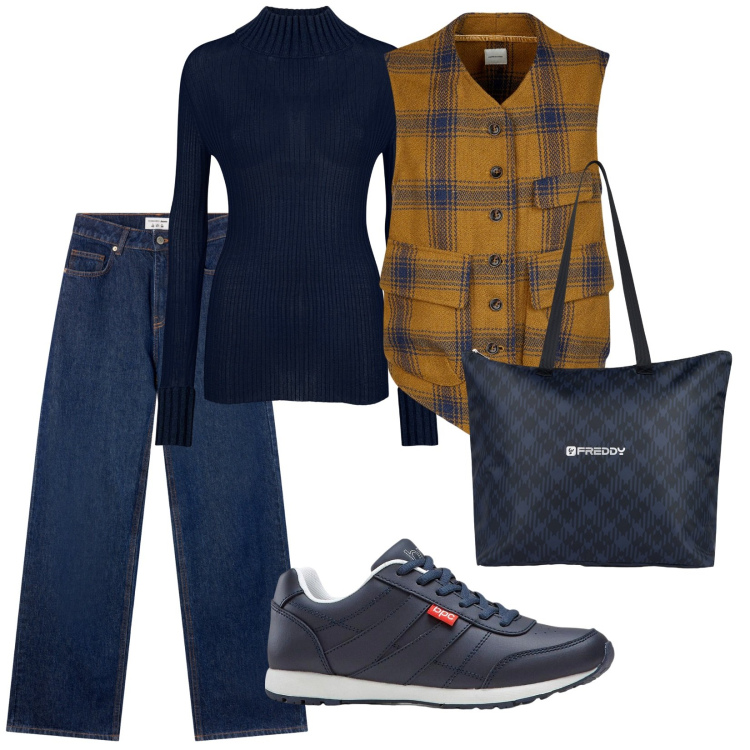 Outfit donna - Urban blù. per Tutti i giorni. Abbinamento con sneakers, jeans, shopping bag, gilet, maglieria.