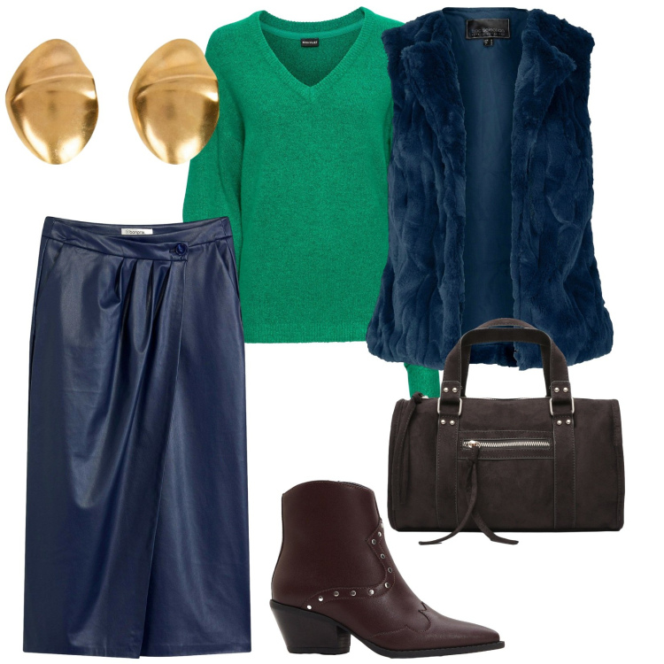 Outfit donna - Di giorno. per Tutti i giorni. Abbinamento con maglieria, gilet, stivaletti texani, gonne longuette, borse a mano, orecchini.