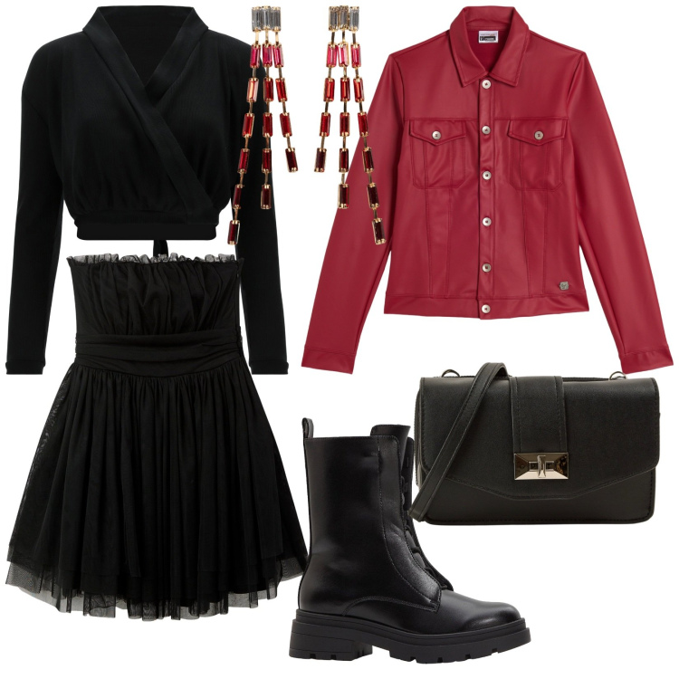 Outfit donna - Sara. per Serata fuori. Abbinamento con orecchini, stivaletti, vestiti corti, borse a tracolla, top, giacche.