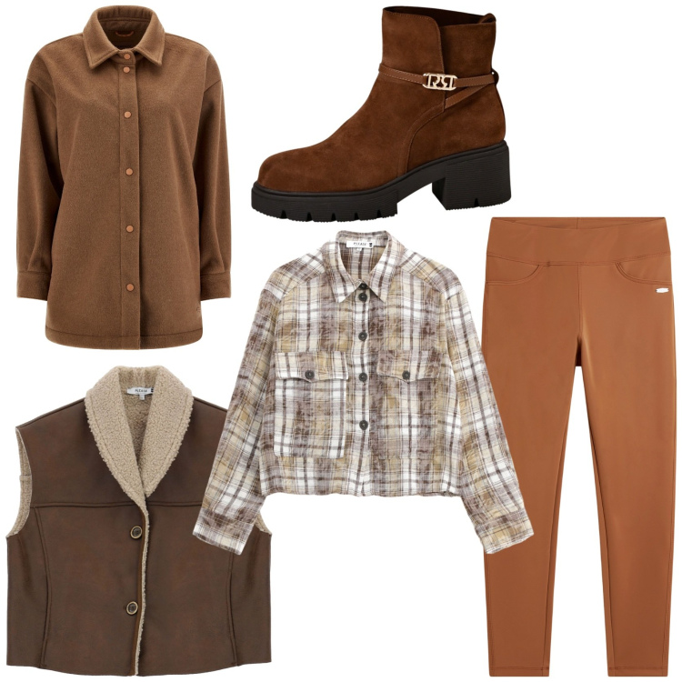 Outfit donna - Weekend in montagna. Stile Casual per Tutti i giorni. Abbinamento con camicie, gilet, stivaletti, cappotti, leggings.