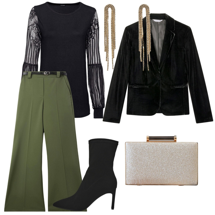 Outfit donna - Orecchini lunghi. per Serata fuori. Abbinamento con bluse, pantaloni, orecchini, stivali, blazer, clutch.