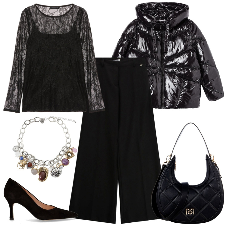 Outfit donna - Serata tra amiche. Stile Glamour per Serata fuori. Abbinamento con bomber, borse a tracolla, braccialetti con ciondoli, pantaloni a palazzo, décolleté, bluse.