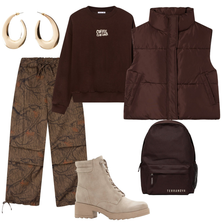 Outfit donna - Safari. per Tutti i giorni. Abbinamento con orecchini, stivaletti, zaini, piumini, pantaloni cargo, felpe.