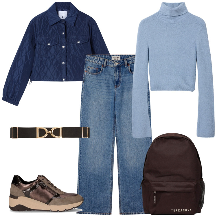 Outfit donna - Terranova - Mid Season Sale. Stile Casual chic per Tutti i giorni. Abbinamento con jeans, cinture, zaini, maglieria, giacche, sneakers alte.