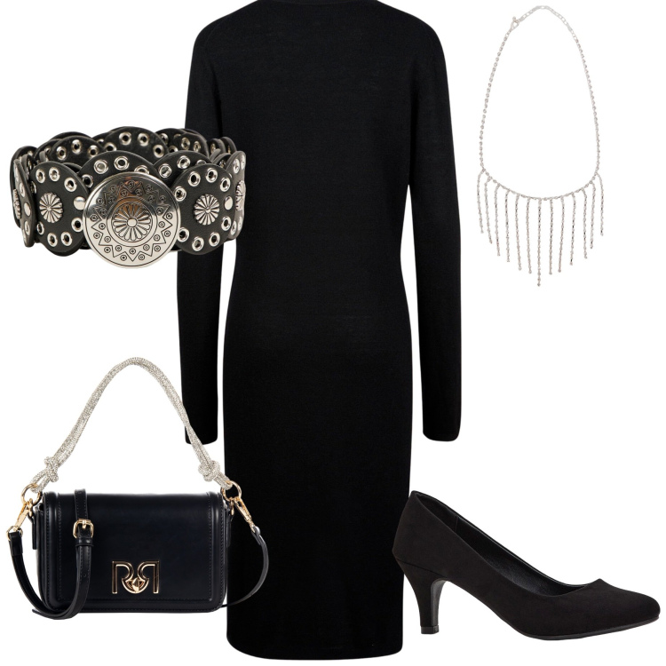 Outfit donna - Minimal elegance. Stile Minimal per Serata fuori. Abbinamento con décolleté, collane, cinture, borse a mano, vestiti midi/longuette.