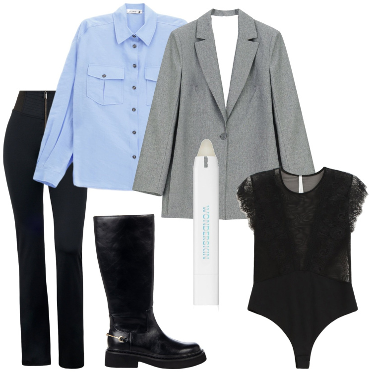 Outfit donna - Body o camicia?. Stile Casual chic per Serata fuori. Abbinamento con matite labbra, stivali sopra il ginocchio, camicie, body, blazer, pantaloni skinny.
