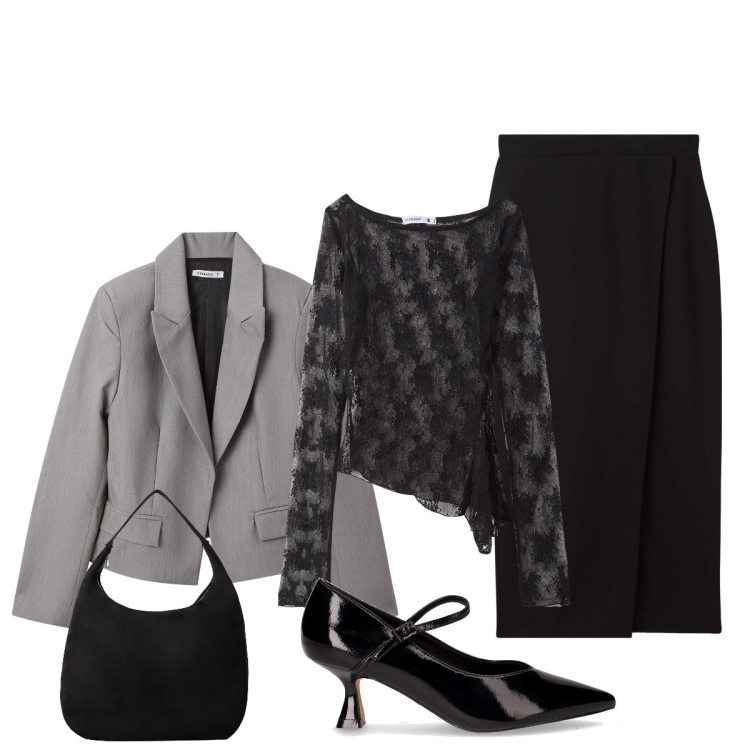 Outfit donna - Esco con le amiche. Stile Glamour per Serata fuori. Abbinamento con maglieria, gonne longuette, blazer, borse a mano, décolleté.