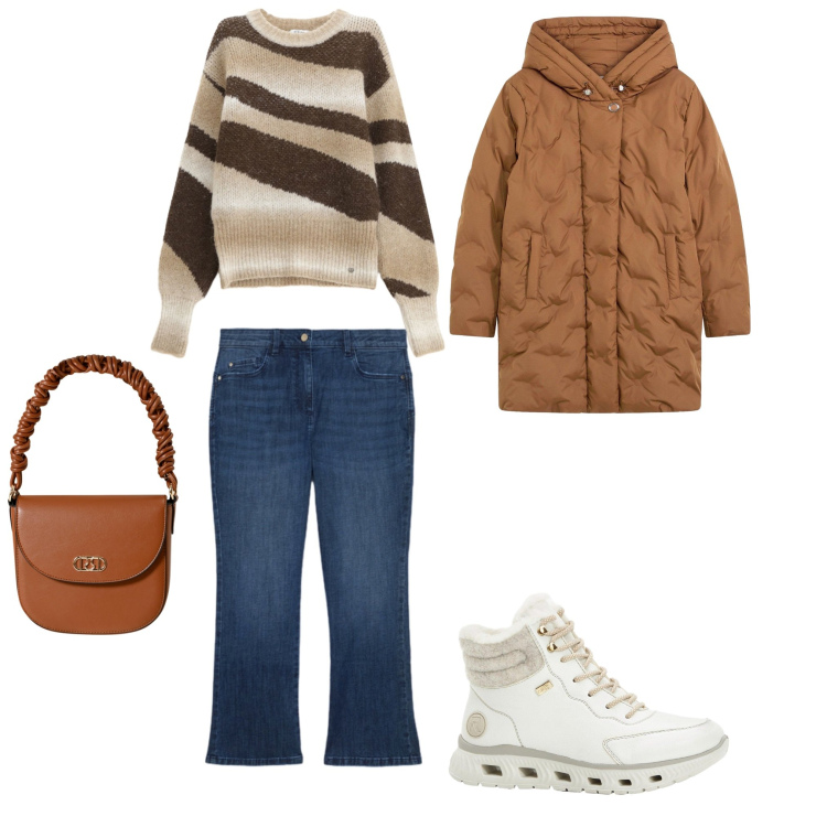 Outfit donna - Tempo libero. Stile Casual per Tutti i giorni. Abbinamento con stivaletti, giacche, pullovers, borse a mano, jeans dritti.