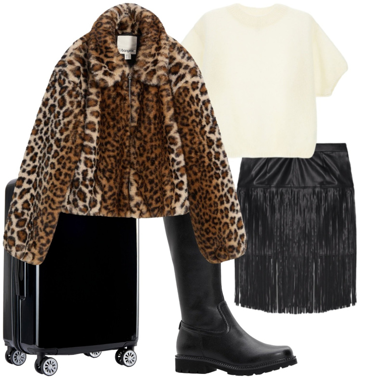 Outfit donna - Viaggio leopardato. Stile Romantica per Tutti i giorni. Abbinamento con stivali, ecopellicce, maglieria, valigie, minigonne.