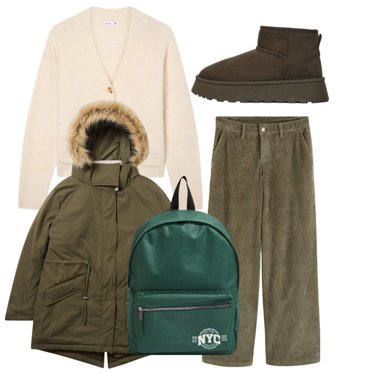 Outfit donna - Verdissimo. Stile Casual per Tutti i giorni. Abbinamento con pantaloni, zaini, parka, cardigans, stivali.