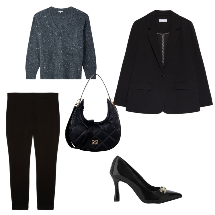 Outfit donna - Donna moderna. Stile Sexy per Ufficio. Abbinamento con maglieria, borse a tracolla, décolleté, blazer, leggings.