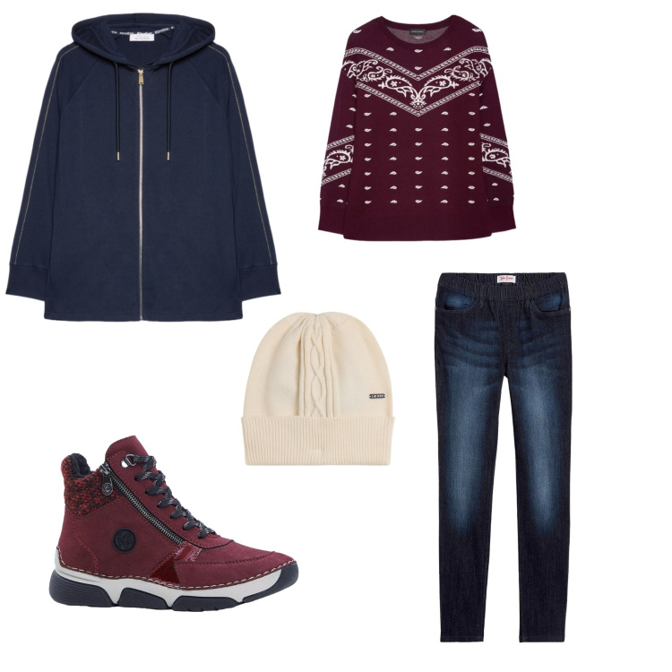 Outfit donna - Passeggiata. Stile Casual per Tutti i giorni. Abbinamento con jeggings, stivaletti, berretti, maglieria, felpe con cappuccio.