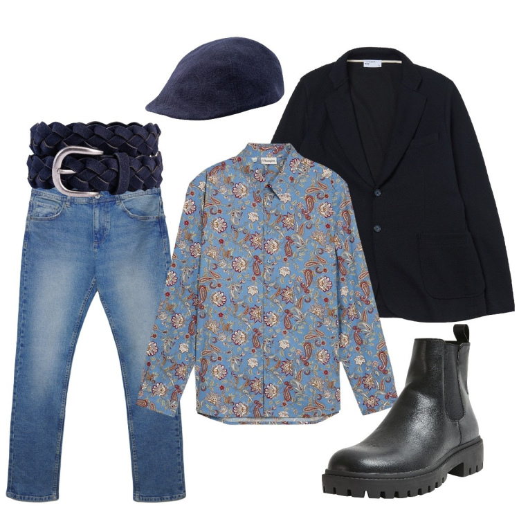 Outfit uomo - La camicia a fiori. Stile Trendy per Serata speciale. Abbinamento con camicie, giacche, stivali e stivaletti, jeans dritti, cappelli con visiera, cinture.