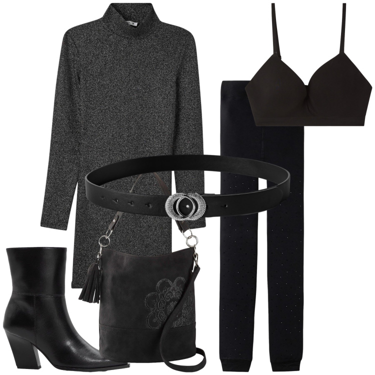 Outfit donna - Tunica e leggings. Stile Basic per Ufficio. Abbinamento con borse a mano, stivaletti, vestiti corti, reggiseni a balconcino, cinture, leggings.