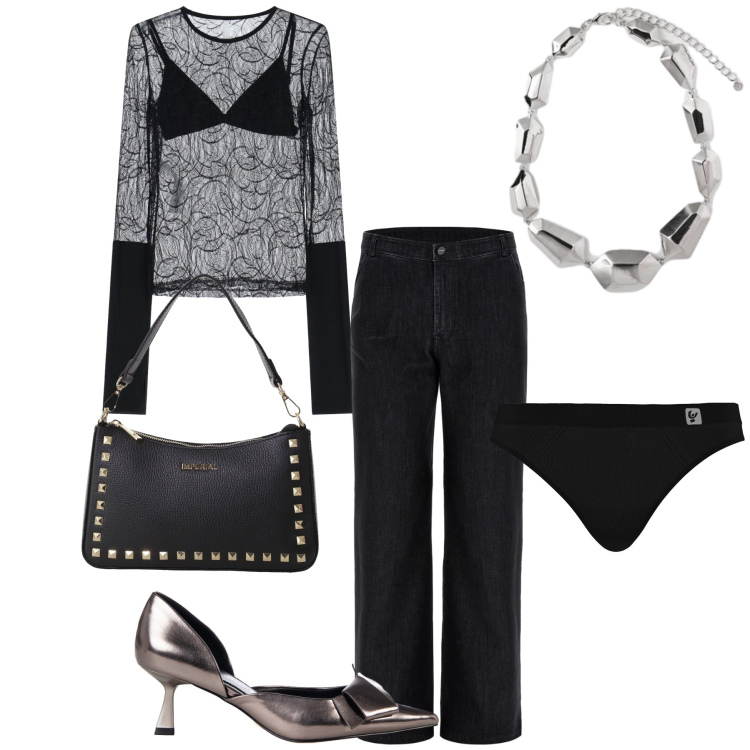 Outfit donna - Evening. Stile Sexy per Serata fuori. Abbinamento con décolleté, pochette, bluse, perizomi, jeans, ciondoli.