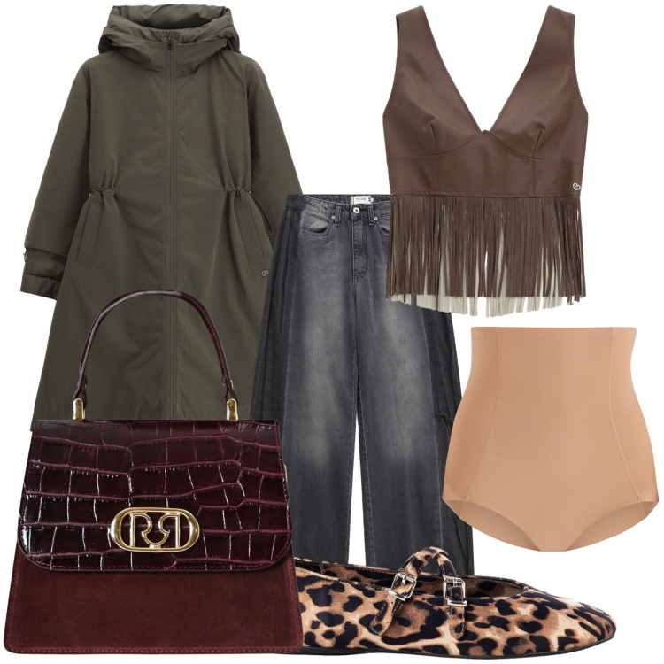 Outfit donna - Rinascimento Please. Stile Trendy per Serata fuori. Abbinamento con parka, jeans, top, culotte, ballerine, borse a mano.