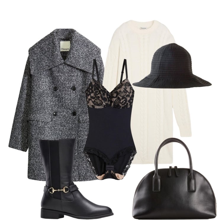 Outfit donna - Neutro bianco e nero. Stile Casual chic per Ufficio. Abbinamento con cappotti, body, stivali, vestiti, cappelli, shopping bag.