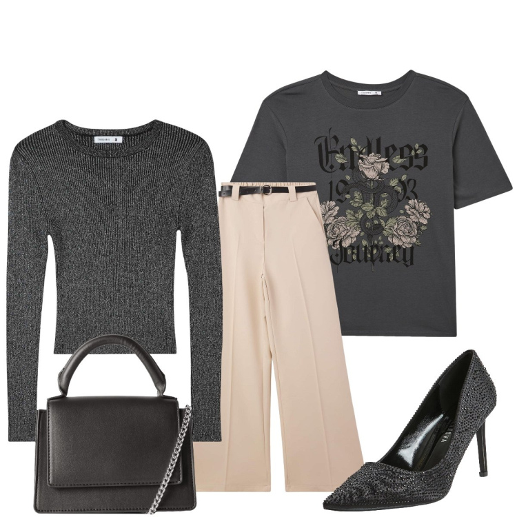 Outfit donna - Chic con Terranova. Stile Chic per Tutti i giorni. Abbinamento con pantaloni, t-shirt, décolleté, maglieria, borse a tracolla.