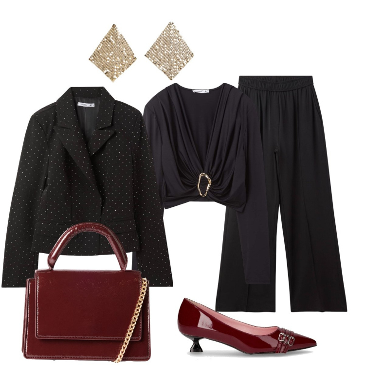 Outfit donna - In città con Terranova. Stile Chic per Tutti i giorni. Abbinamento con maglieria, orecchini, blazer, borse a tracolla, pantaloni, décolleté.
