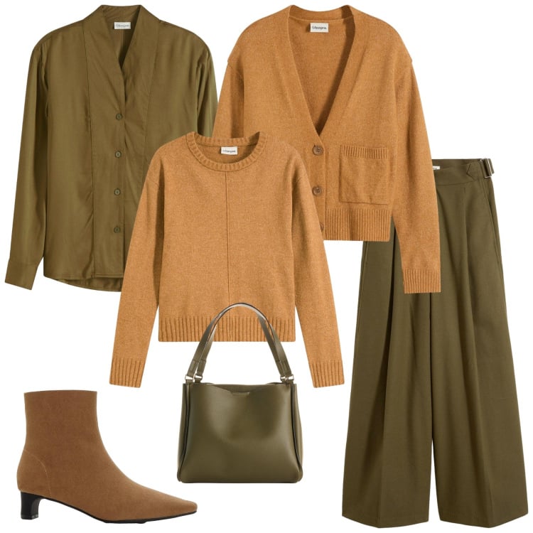 Outfit donna - Autunno e i suoi colori. Stile Casual chic per Ufficio. Abbinamento con pantaloni, maglieria, cardigans, camicie, stivaletti, borse a mano.