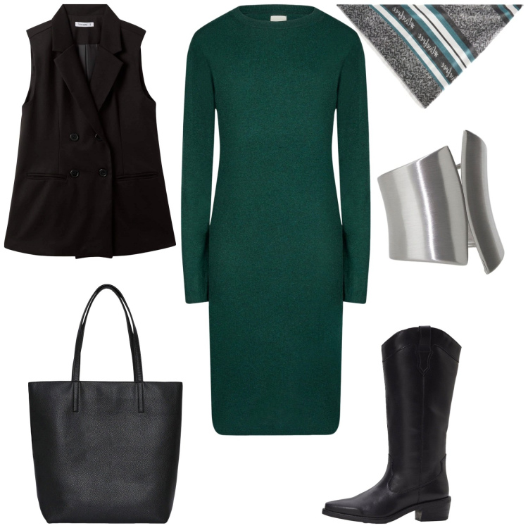 Outfit donna - Total look #2267012. Stile Casual chic per Tutti i giorni. Abbinamento con stivali, gilet, borse tote, anelli, vestiti midi/longuette, foulard.