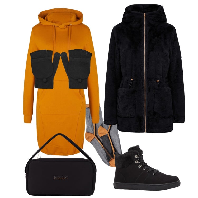 Outfit donna - Halloween. Stile Urban per Serata fuori. Abbinamento con vestiti, ecopellicce, sneakers alte, guanti, borse a mano, calzini.