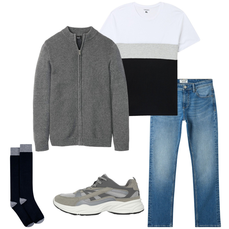 Outfit uomo - Total look #2267015. Stile Casual per Tutti i giorni. Abbinamento con cardigans, jeans, t-shirt, sneakers, calzini.