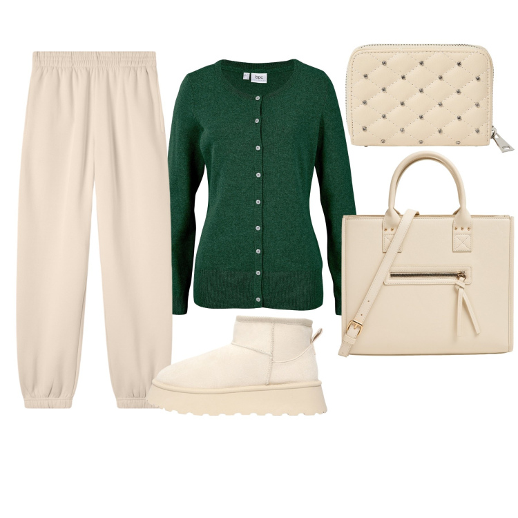 Outfit donna - A spasso. Stile Casual per Tutti i giorni. Abbinamento con cardigans, portafogli, shopping bag, pantaloni, stivaletti.