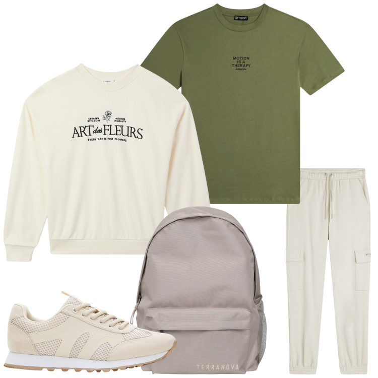 Outfit donna - 4 passi. Stile Casual per Tutti i giorni. Abbinamento con sneakers, felpe, zaini, t-shirt, pantaloni cargo.