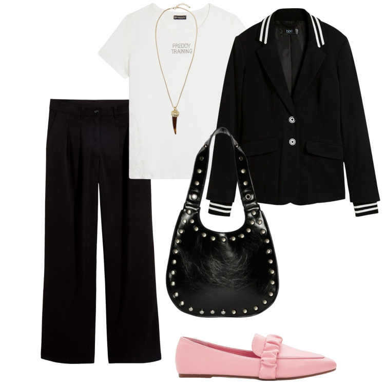 Outfit donna - Sabato mattina. per Tutti i giorni. Abbinamento con blazer, mocassini, pantaloni a palazzo, collane, t-shirt, borse a spalla.