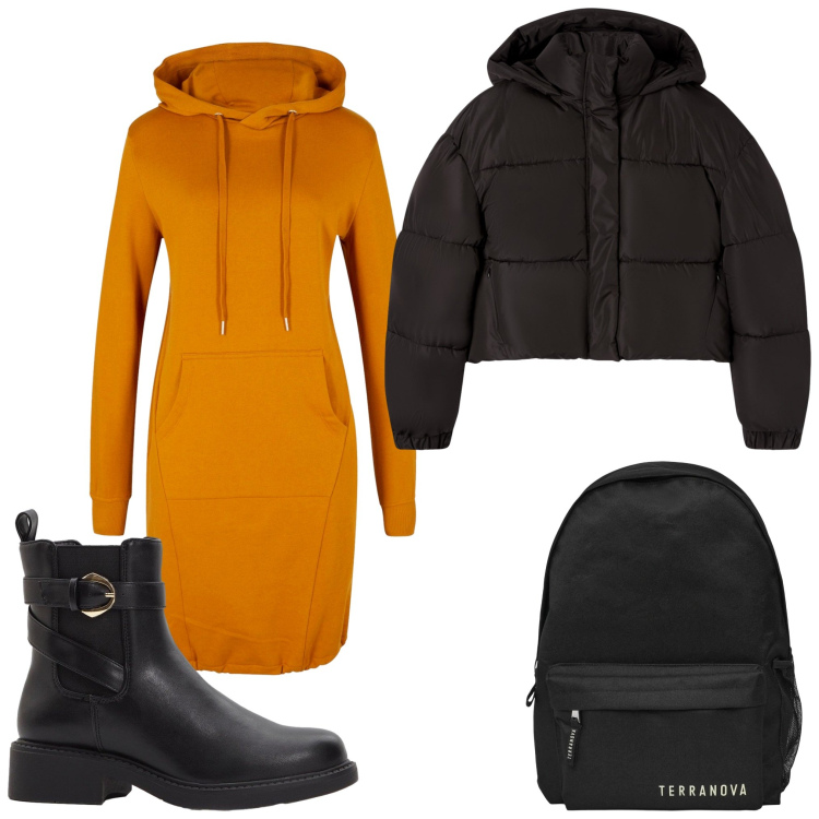 Outfit donna - Arancio casual. Stile Casual per Tutti i giorni. Abbinamento con stivaletti chelsea, vestiti, zaini, bomber.