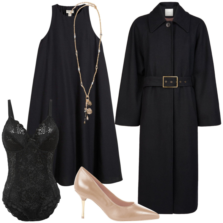 Outfit donna - Eleganza al cocktail. Stile Bon Ton per Serata fuori. Abbinamento con vestiti midi/longuette, body, décolleté, ciondoli, cappotti.