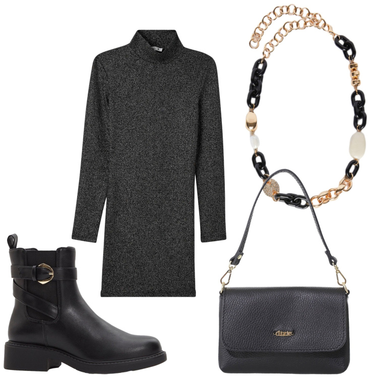 Outfit donna - Tra amiche. Stile Casual chic per Serata fuori. Abbinamento con stivaletti chelsea, vestiti corti, borse a tracolla, collane.