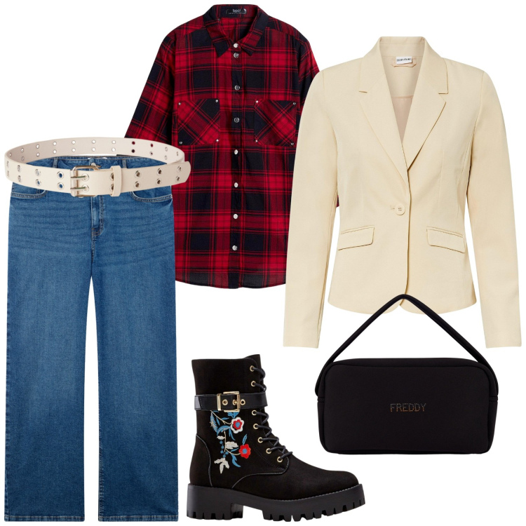 Outfit donna - Giacca e camicia a quadri. per Tutti i giorni. Abbinamento con stivali, camicie, blazer, cinture, jeans, borse a mano.