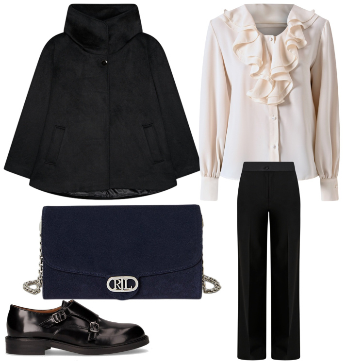 Outfit donna - Serata tra amiche. Stile Chic per Serata fuori. Abbinamento con pantaloni a palazzo, bluse, borse a tracolla, caban, mocassini.