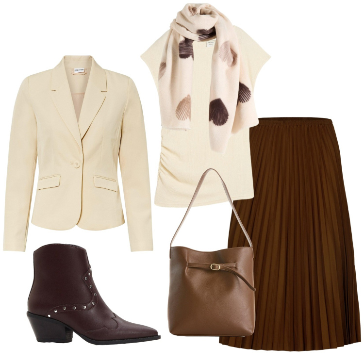 Outfit donna - Total look #2267038. Stile Bon Ton per Ufficio. Abbinamento con top, blazer, sciarpe, stivaletti texani, borse a mano, gonne longuette.