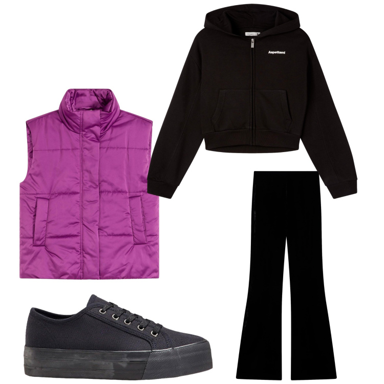 Outfit donna - Autunno fucsia. Stile Casual per Tutti i giorni. Abbinamento con sneakers, piumini, felpe con cappuccio, leggings.
