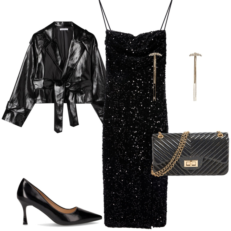 Outfit donna - La serata si illumina con Terranova. Stile Glamour per Serata fuori. Abbinamento con orecchini, vestiti lunghi, giacche, borse a tracolla, décolleté.