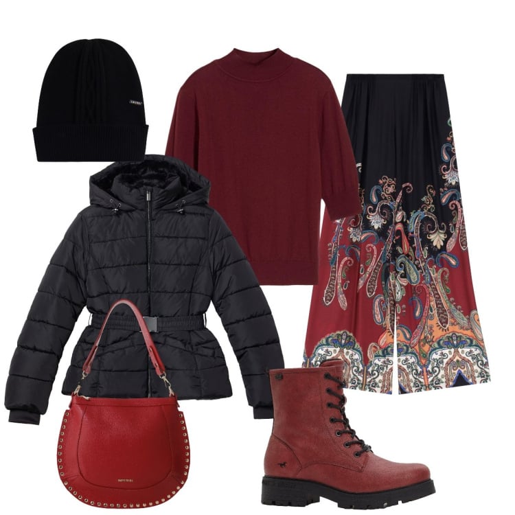 Outfit donna - Pantapalazzo fantasia. Stile Casual chic per Tutti i giorni. Abbinamento con maglieria, stivaletti, piumini, berretti, pantaloni a palazzo, borse a spalla.