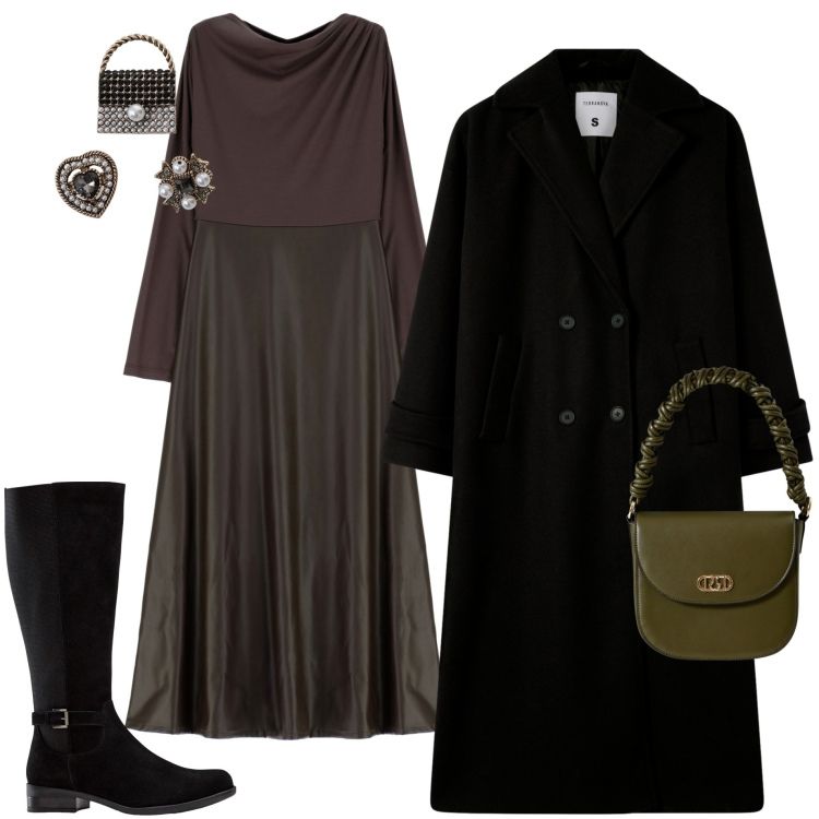 Outfit donna - Ottobre. Stile Casual chic per Serata fuori. Abbinamento con stivali, cappotti, borse a mano, vestiti lunghi, accessori per capelli.