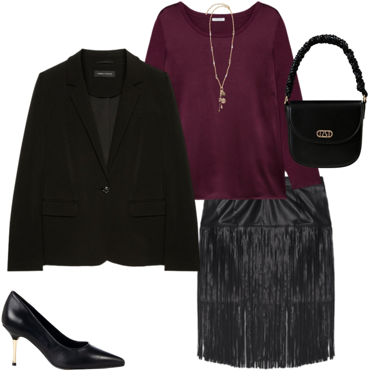 Outfit donna - Serata chic. Stile Chic per Serata fuori. Abbinamento con borse a mano, décolleté, ciondoli, blazer, bluse, minigonne.