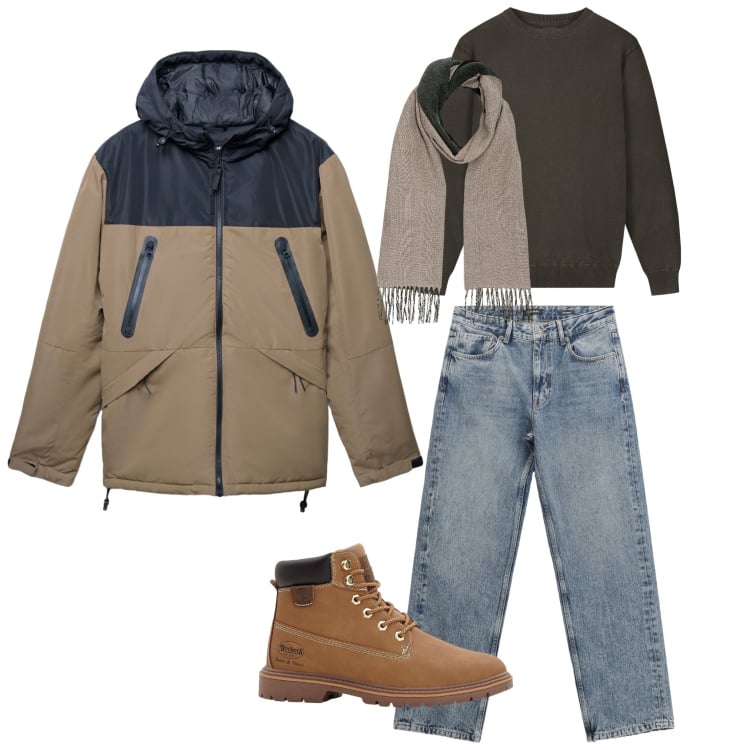 Outfit uomo - Uomo. Stile Casual per Tutti i giorni. Abbinamento con stivali e stivaletti, bomber, jeans dritti, maglieria, sciarpe.